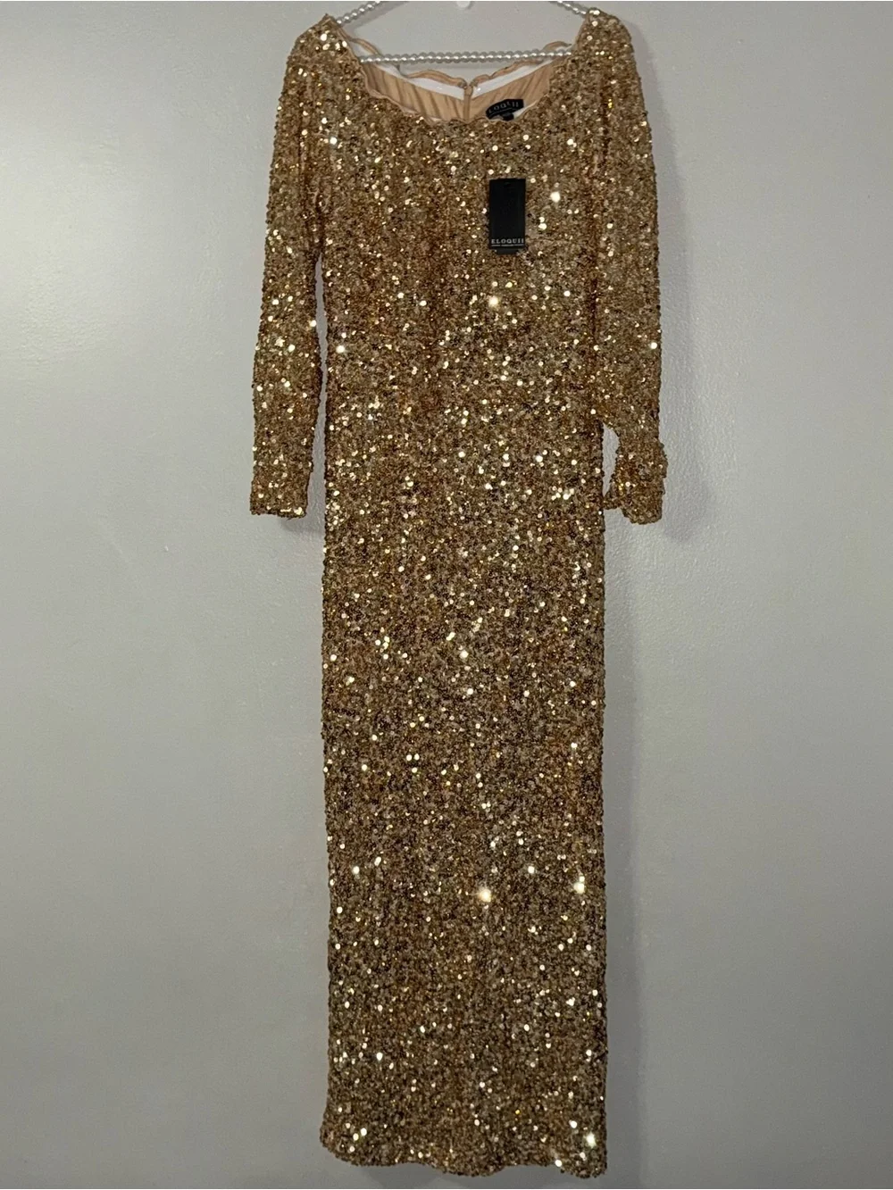 ELOQUII OFF THE SHOULDER SEQUIN COLUMN DRESS IN GOLD - Picture 2 of 12